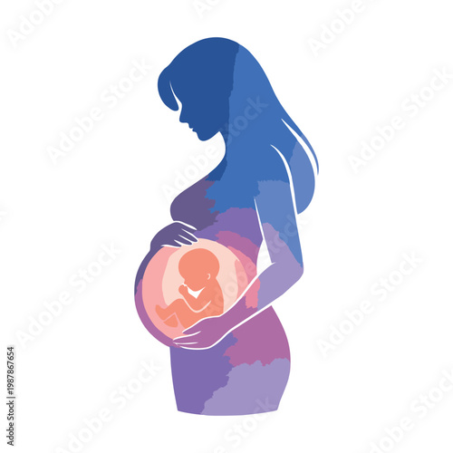 Pregnant Woman Holding Baby in Womb Flat Illustration
