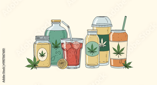 Vector illustration of various cannabis-infused beverages including juice bottles, a mason jar, a red iced drink with lemon, and a soda can, all featuring marijuana leaf labels.