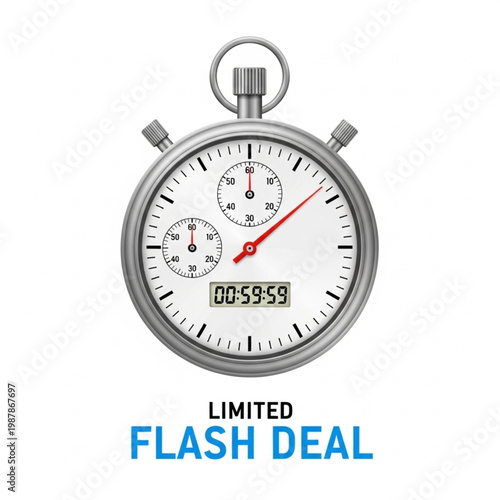 This 3d sports chronometer icon is a high accuracy stopwatch vector illustration for a race countdown timer representing speed and the start of a sport competition where every second and minute counts