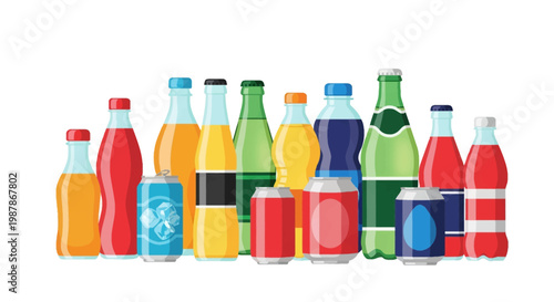 Flat vector illustration of assorted beverage containers including glass bottles, plastic bottles, and aluminum cans with colorful soda, juice, and mineral water isolated on white.