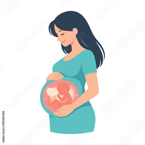 Pregnant Woman Holding Baby in Womb Flat Illustration