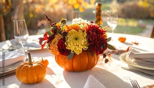 A festive table setting featuring a pumpkin centerpiece filled with vibrant autumnal blooms. Dishes, glasses, and smaller pumpkins decorate the bright scene