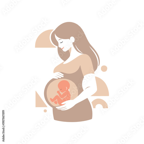 Pregnant Woman Holding Baby in Womb Flat Illustration