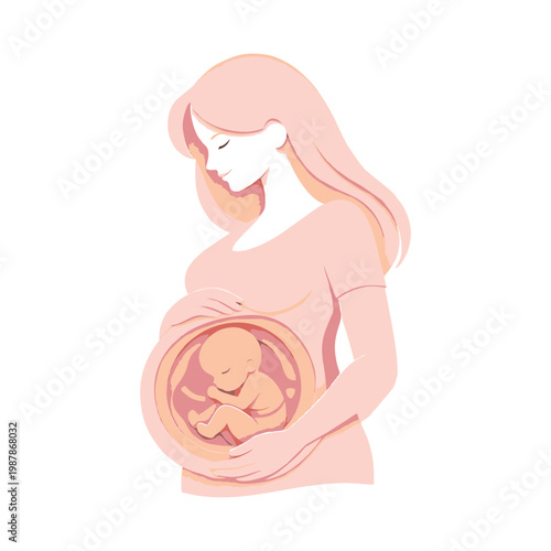 Pregnant Woman Holding Baby in Womb Flat Illustration