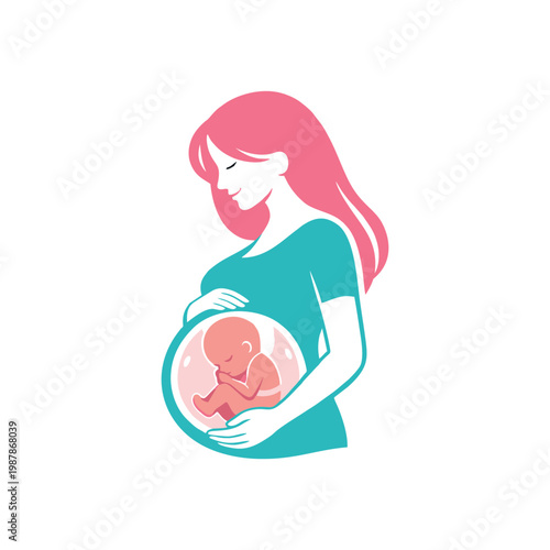 Pregnant Woman Holding Baby in Womb Flat Illustration