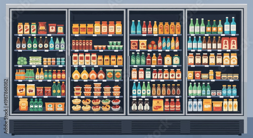 Large four door commercial refrigerator display case in a grocery store stocked with organized jars bottles and food containers in flat vector illustration style.