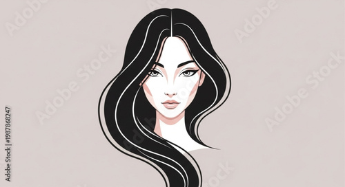 Beautiful Woman with Long Flowing Black Hair Artistic Illustration.