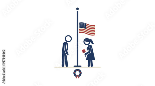 Memorial Day Stick Figures Raising Flag and Honoring Fallen Hero
