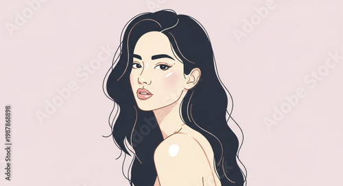 Beautiful Woman with Long Wavy Black Hair Portrait.