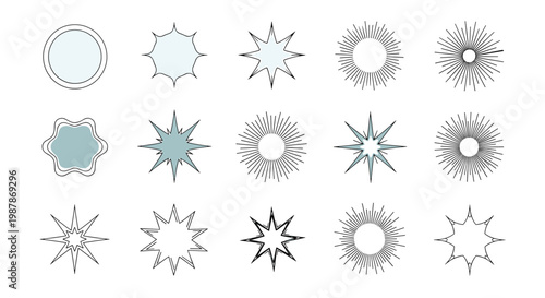 Collection of various geometric star shapes and sunburst symbols with different numbers of points and line densities.