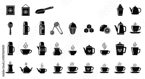 Large collection of black and white icons representing tea and coffee culture including cups and pots with accessories.