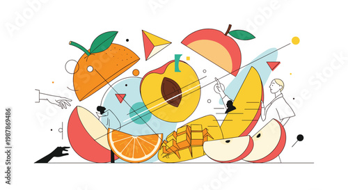 Stylized abstract composition of assorted sliced fruits including orange peach and mango with colorful geometric shapes.