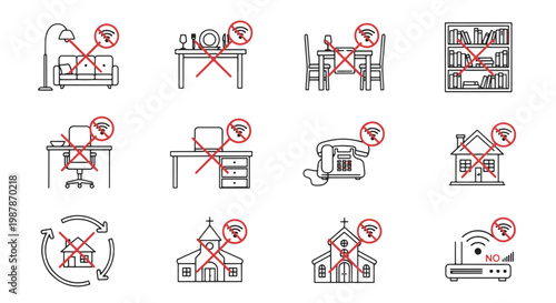 Collection of Icons Representing a Digital Detox with Wifi Symbols Crossed Out in Various Home and Public Settings