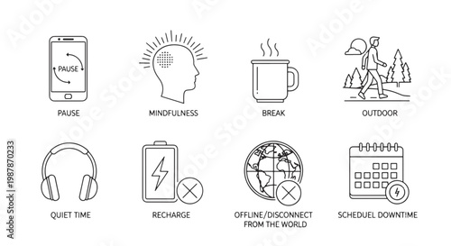Collection of Icons Representing Relaxation and Digital Detox Concepts for Wellness and Mindfulness