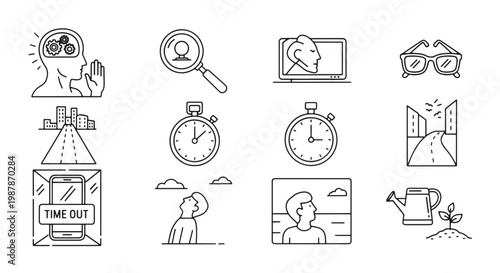 Conceptual Collection of Icons for Digital Detox Time Management and Personal Growth in Thin Line Style