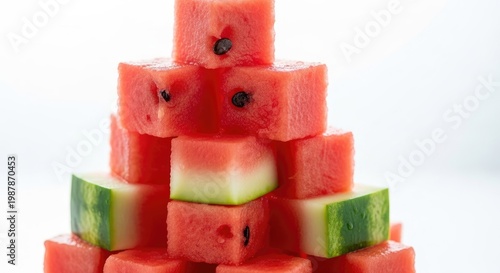 Watermelon Cubes Stacked Pyramid on White Background.