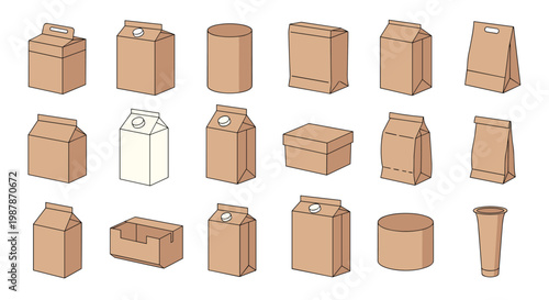 Collection of various cardboard packaging boxes and containers in different shapes and sizes for product branding and shipping.