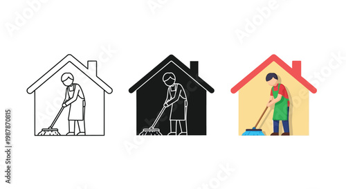Professional cleaner in an apron sweeping the floor of a house portrayed as a minimalist vector graphic illustration set for home maintenance and service concepts