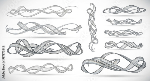 A set of celtic knot tattoo designs featuring intricate patterns of twine, rope, and wire lines isolated in a metal color