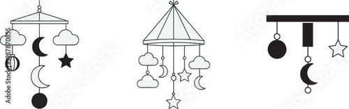 Nursery hanging mobiles with clouds, crescent moons, stars, decorative shapes, bow detail, whimsical baby room decor flat vector illustration