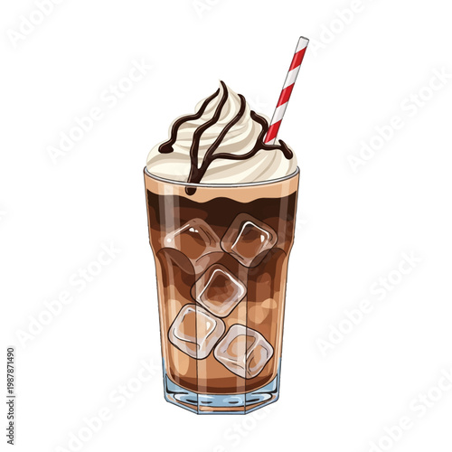 Vector illustration of a tall glass of iced coffee mocha frappe filled with clear ice cubes, topped with a swirl of whipped cream, chocolate syrup drizzle, and a red striped straw.