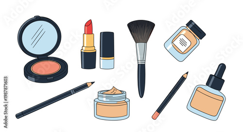 Selection of essential cosmetic and makeup products including lipstick foundation brush and powder for beauty and fashion concepts.