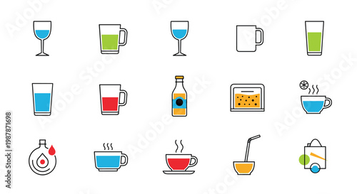 Set of simple colorful icons representing various beverages including water wine coffee tea and soda in different containers.