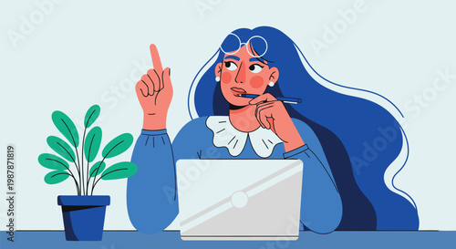 Creative woman sitting at a desk with a laptop pointing up as she gets an idea with a potted plant nearby.
