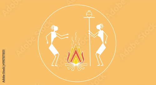 Warli art tribal illustration, traditional Indian folk painting of women dancing around bonfire, ethnic village life vector graphic isolated PNG with Transparent Background