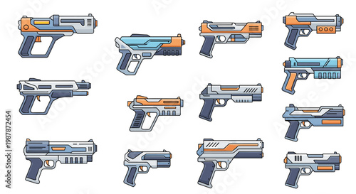 Collection of futuristic science fiction blaster gun designs with various color accents in a modern flat vector illustration style.