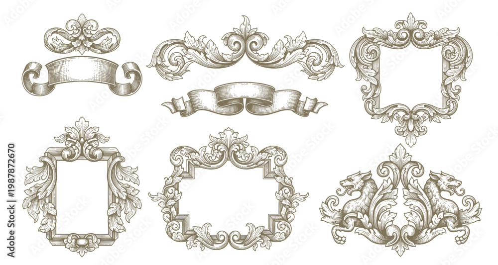 Εκτύπωση καμβά Ornate Victorian baroque frame border with engraved floral patterns, decorative