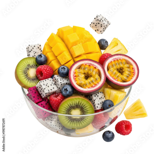Fresh Tropical Fruit Salad with Mango, Dragon Fruit, Kiwi, and Berries in a Glass Bowl Isolated on White Background