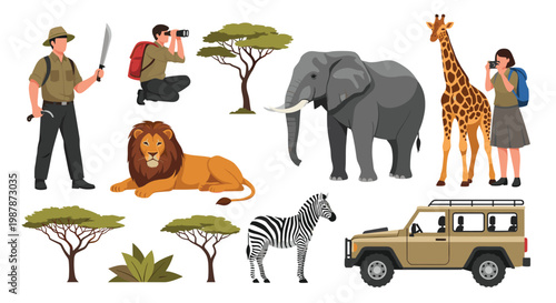 African safari adventure set featuring tourists with binoculars, animals like lion and elephant, and a rugged off-road jeep.