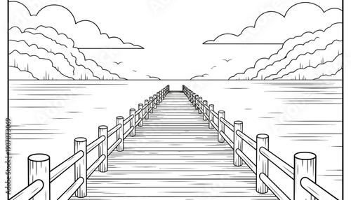 A wooden pier illustration stretching into a serene lake landscape