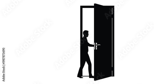 Silhouette of a man opening a door into a bright white space