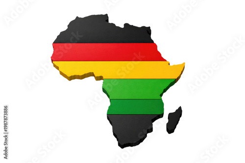 Vibrant Pan-African map, 3D Africa continent outline, black, red, yellow, green stripes, cultural identity, unity symbol isolated PNG with Transparent Background