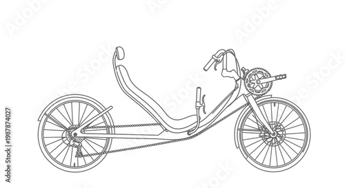 Line drawing of a recumbent bicycle with a unique frame design