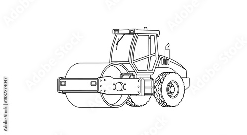 Line drawing of a steamroller construction vehicle in a side view