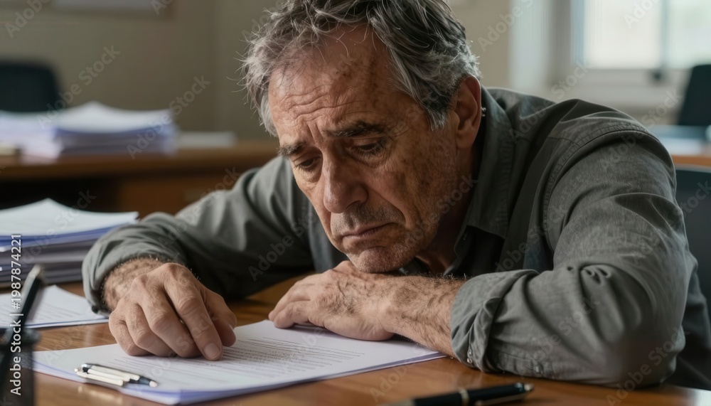 Fototapeta premium Mature businessman reviewing documents at office desk with focused expression