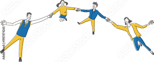 笑顔で手をつないで楽しそうにジャンプしている家族のシンプルな全身イラスト素材