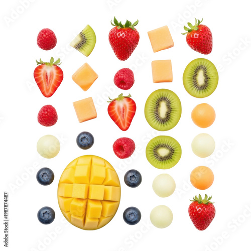 Assorted Fresh Sliced Fruit Collection with Mango, Kiwi, Strawberries, and Berries Isolated on White