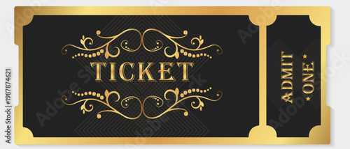 Luxury ticket template in gold and black. Horizontal vector with ornamental filigree for theater, cinema, or VIP event admission. Elegant admit one coupon for invitation and show design.