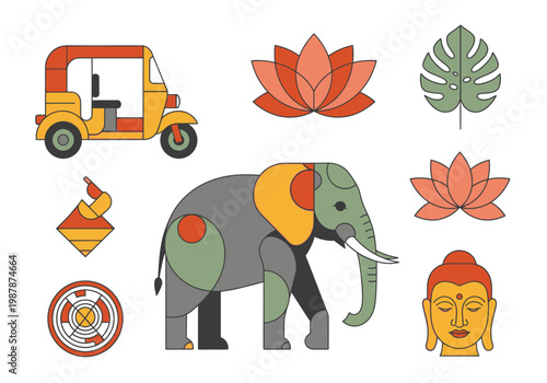 India Travel and Culture Icon Set - Geometric Elephant, Tuk Tuk, Buddha, and Lotus Vector Illustrations