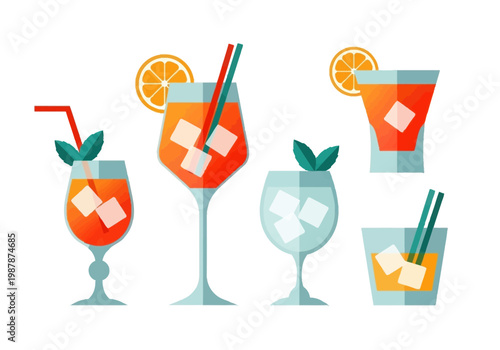 Modern Flat Vector Cocktail Illustrations Set - Summer Drinks, Aperitivo, and Mocktail Graphics for Bar Menus and Social Media