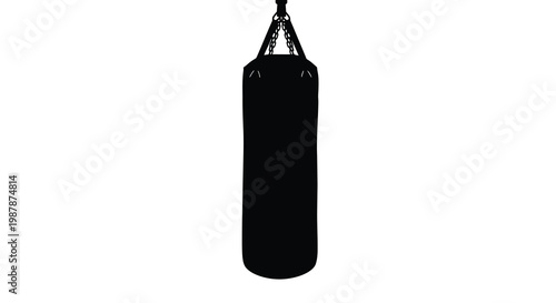 Silhouette of a black punching bag hanging from chains on white