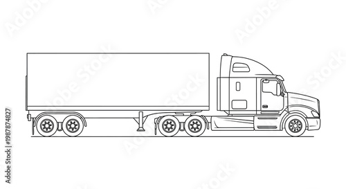 Line drawing of a semi truck with a large rectangular trailer