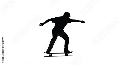 Silhouette of a skateboarder in motion against a stark white background