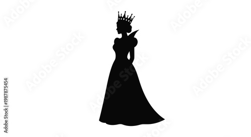 Elegant queen in a full gown depicted as a silhouette