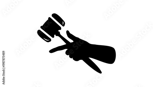 index finger of hand with hammer pointing to auction, black isolated silhouette
