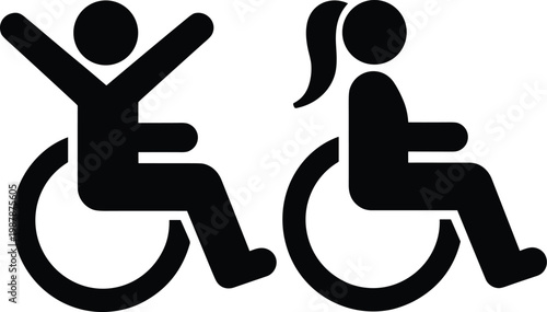 Disabled person in wheelchair icon set with man and woman silhouettes showing accessibility and empowerment isolated on white background